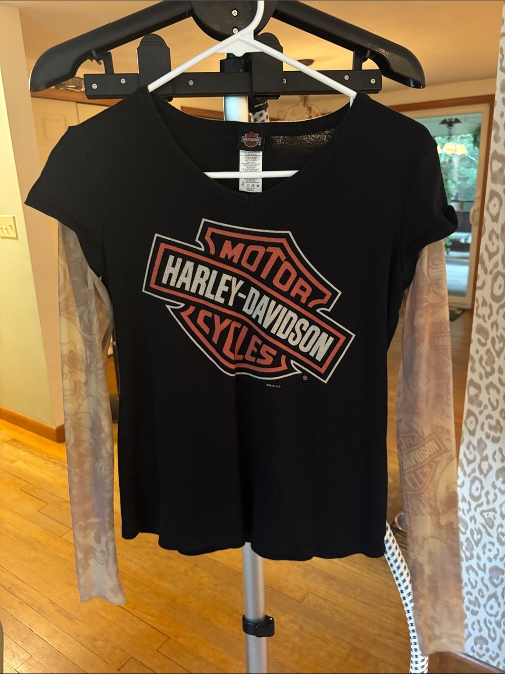 Harley-Davidson Black Tee with Sheer Nude Tattoo-Print Long Sleeves